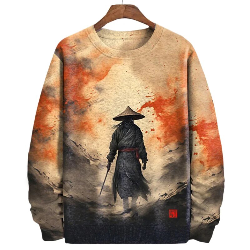 Vintage genser med samurai-trykk for herrer