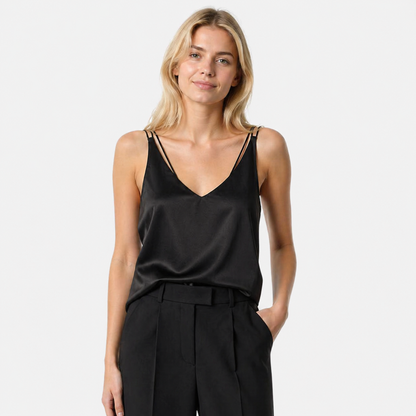 Silke Camisole med Innebygd BH – Satin Singlet med Spagettistropper – Svart