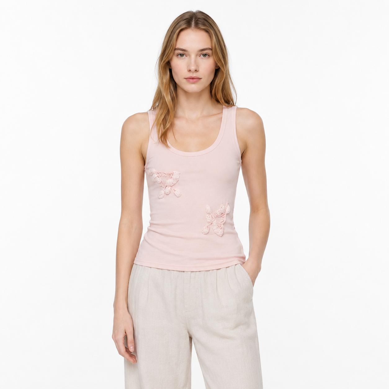 Strikket Camisole til Dame med 3D-Blomster – Elegant Sommertopp – Rosa