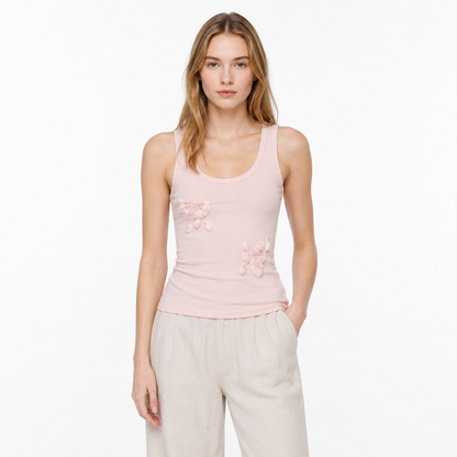 Strikket Camisole til Dame med 3D-Blomster – Elegant Sommertopp – Rosa