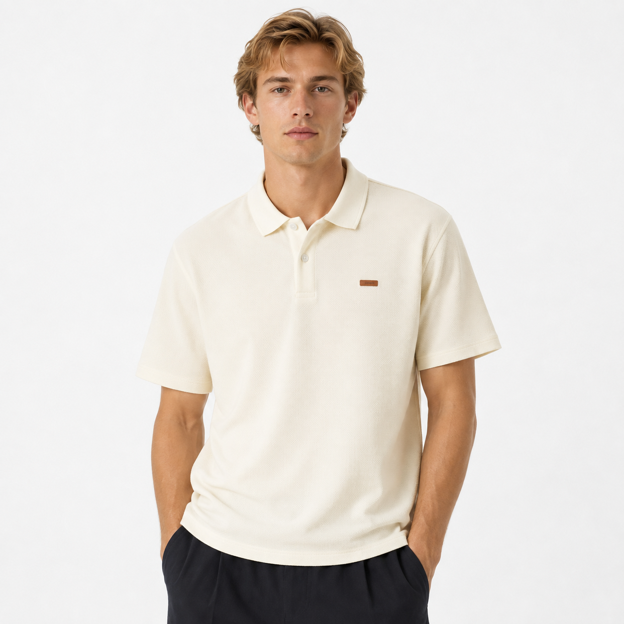 Ribbestrikket Poloskjorte for Herre – Retro Old Money Sommerpolo med Løs Passform – Beige