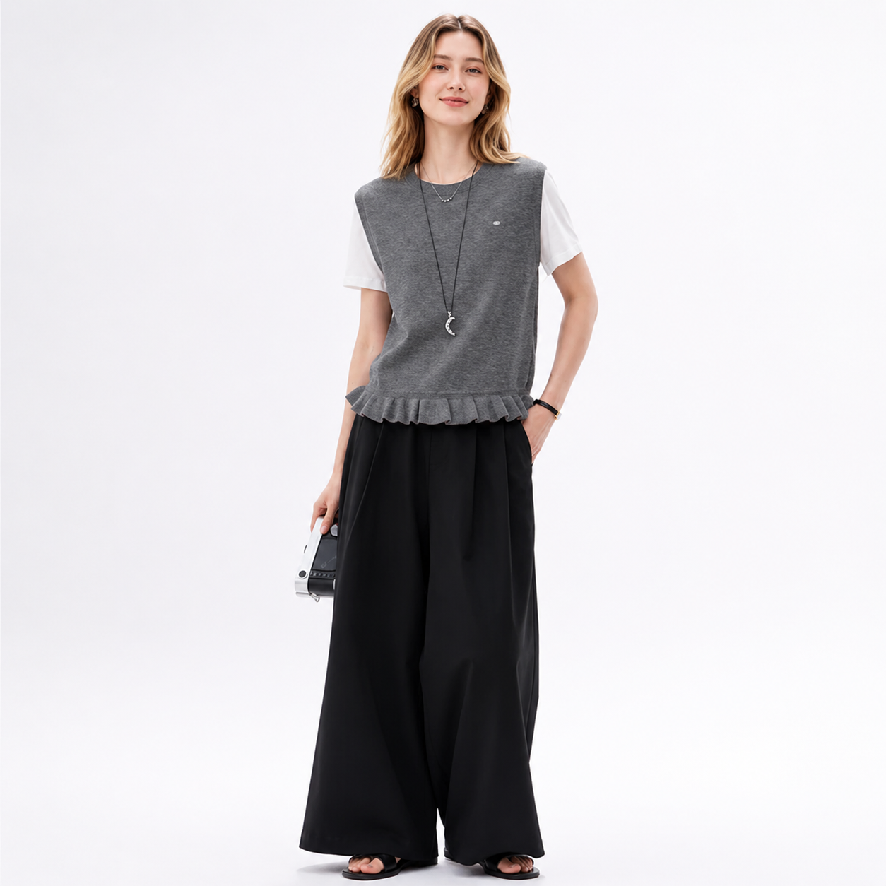 Strikket Faux Two-Piece Topp til Dame – Kontrast og Volangdetaljer