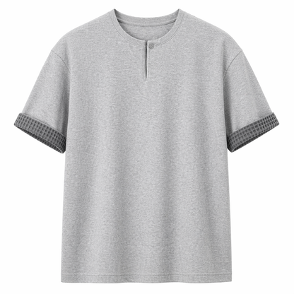 Kraftig Henley T-skjorte til Herre – 260g med Rutete Detaljer &amp; Løs Passform