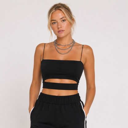 Crop Topp til Dame – Ermeløs Topp med Cut-out Detaljer – Svart