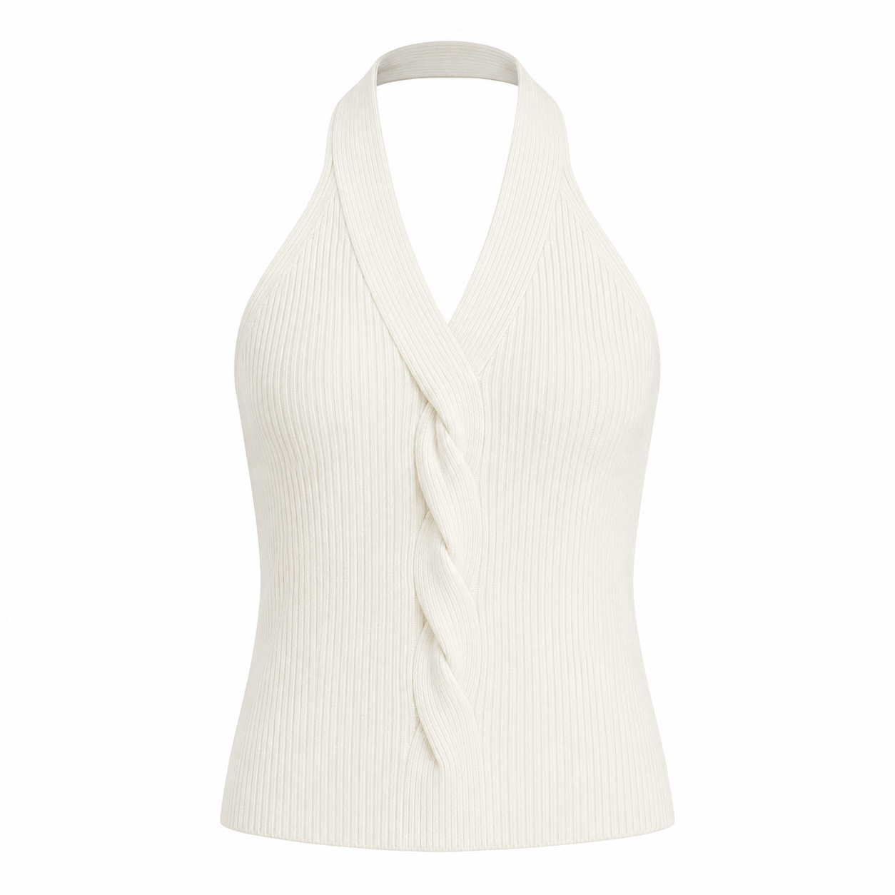 Hvit Strikket Halter Topp til Dame – Elegant V-hals Slim Fit Sommertopp