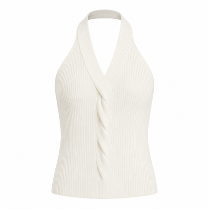 Hvit Strikket Halter Topp til Dame – Elegant V-hals Slim Fit Sommertopp