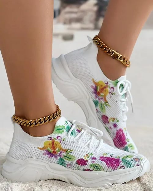 Blomstermønstret snøring med pustende sneakers - ergonomiske sko