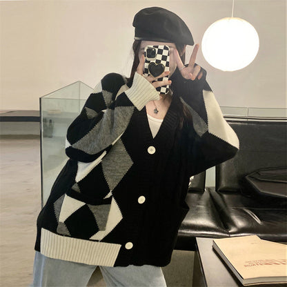 Rutet cardigan dame