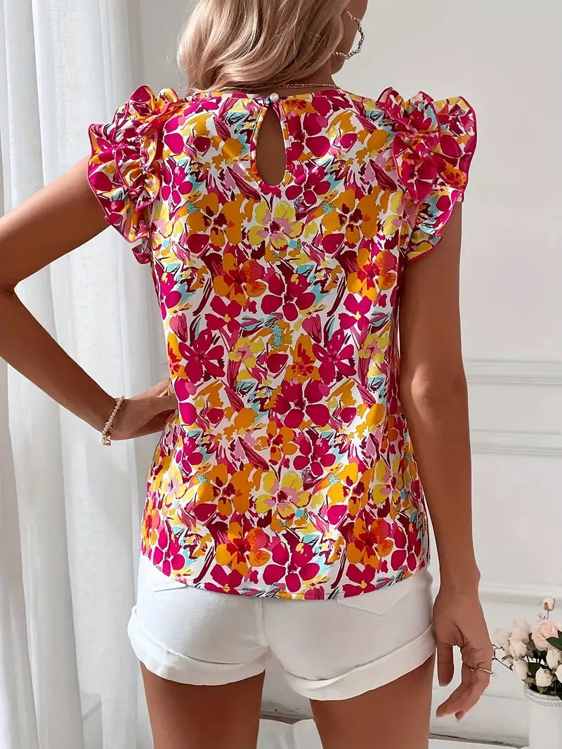 Elegant bluse med rund utringning, blomstermønster og volanger