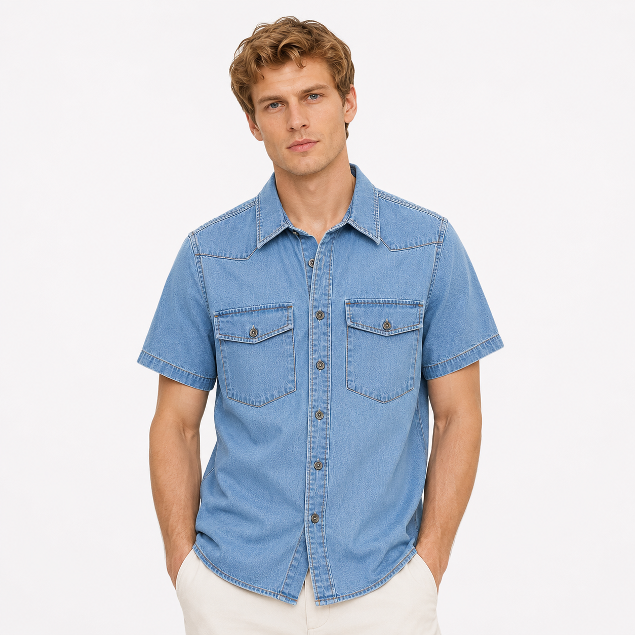 Kortermet Denimskjorte til Herre – Lett Workwear Sommertopp – Lys blå