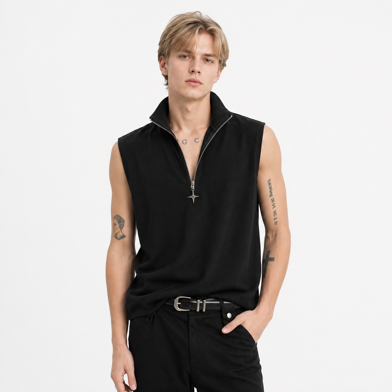 Ermeløs Topp til Herre | Streetwear Singlet med Ståkrage og Glidelås – Svart