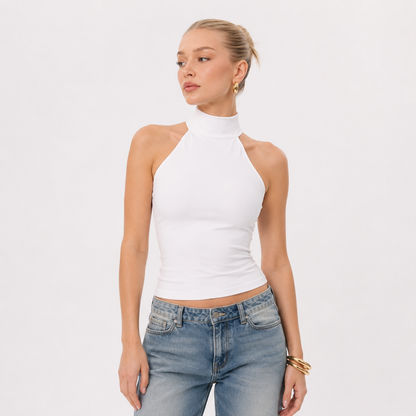 Elegant Halterneck Crop Top til Dame | Ryggløs Topp med Ståkrage