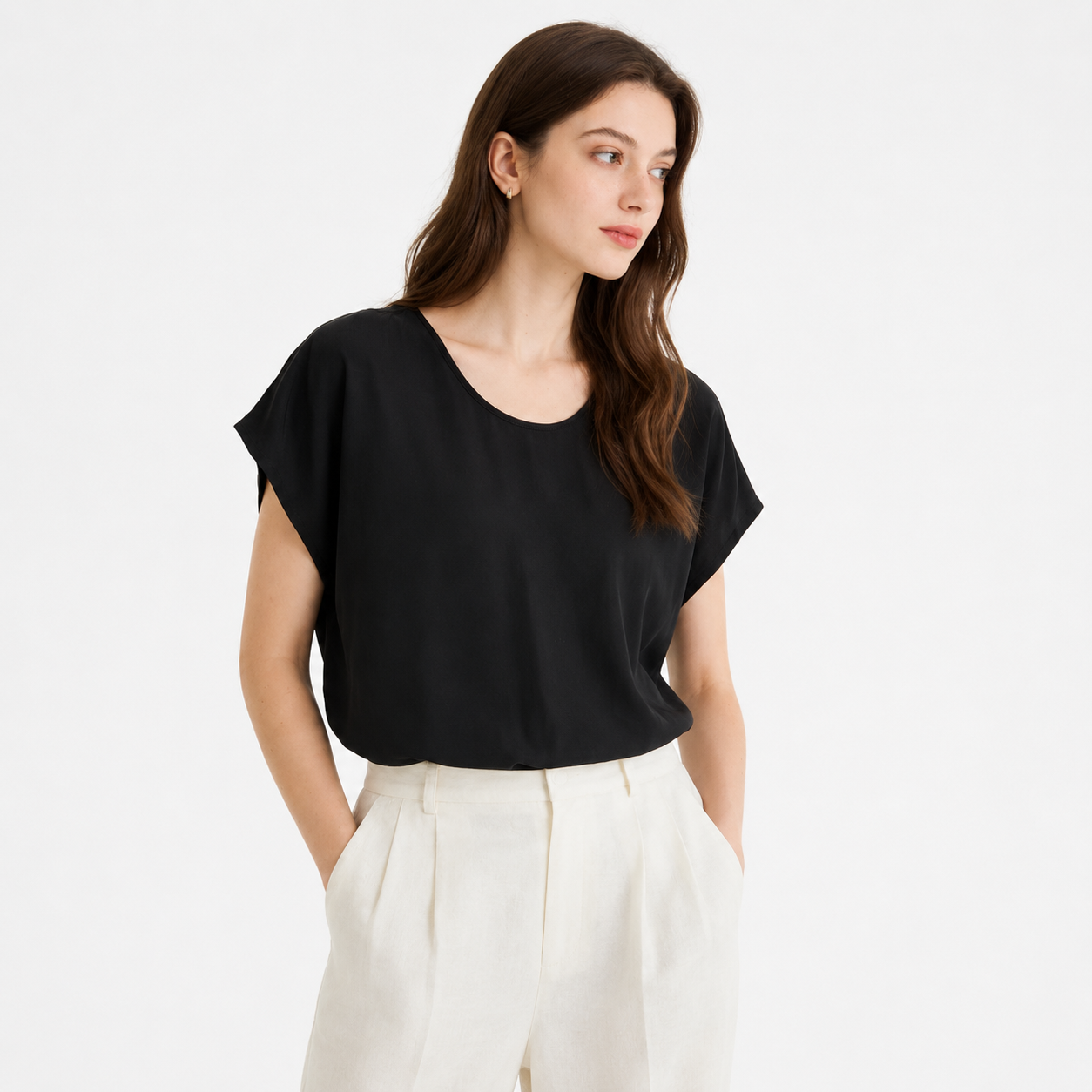 Plus Size Silketopp til Dame – Løs T-skjorte i Mulberry Silk Crepe De Chine