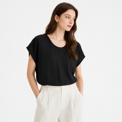 Plus Size Silketopp til Dame – Løs T-skjorte i Mulberry Silk Crepe De Chine