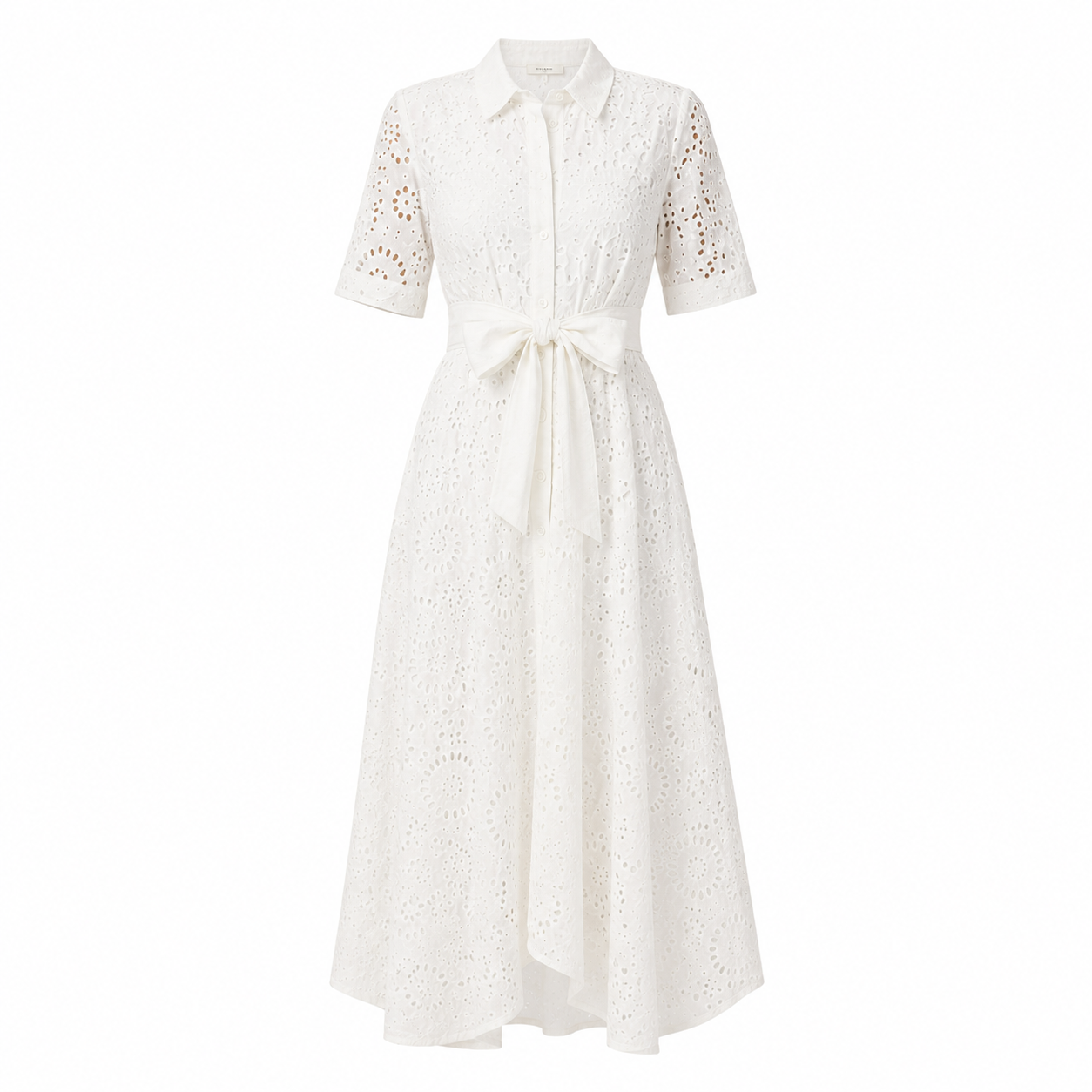 Elegant Brodert Maxikjole til Dame | Kortermet Kjole med Krage og Belte