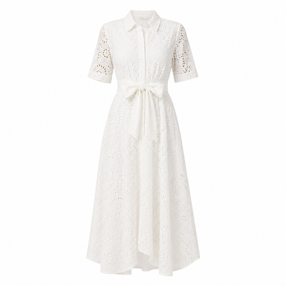 Elegant Brodert Maxikjole til Dame | Kortermet Kjole med Krage og Belte
