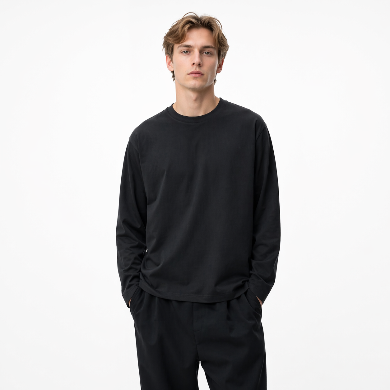 Kraftig Langermet T-skjorte til Herre – 300g 100% Bomull (Vintage Stil) – Svart