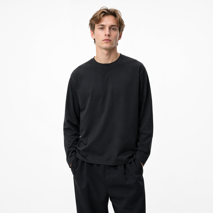 Kraftig Langermet T-skjorte til Herre – 300g 100% Bomull (Vintage Stil) – Svart