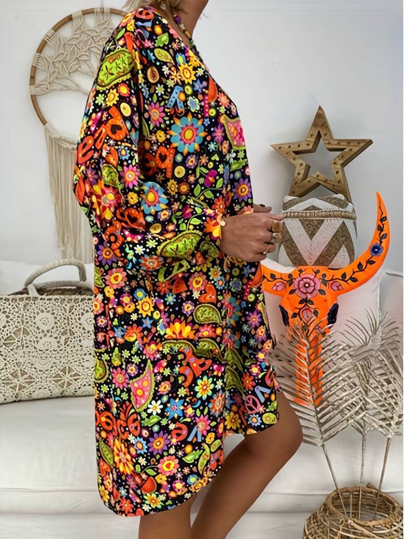 Blomstret kjole med V-utringning
