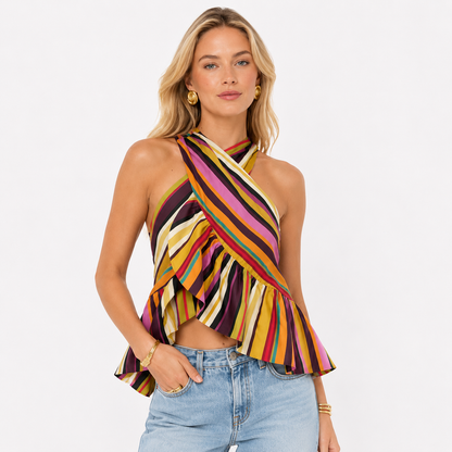 Stripet Halter Crop Topp til Dame – Ryggløs Topp med Volangkant – Bildefarge
