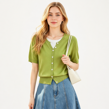 V-hals Topp til Dame – Mock Two-Piece Design &amp; Slim Fit Sommerstil – Grønn