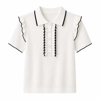 Fransk-inspirert Polo Topp til Dame – Colorblock &amp; Rysjedetaljer
