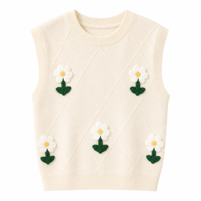 Ermeløs Topp til Dame – 3D Blomsterbroderi &amp; Retro Stil