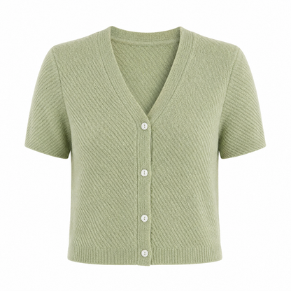 Stripet Strikket Topp til Dame – V-hals med Perleknapper og Elegant Sommerstil