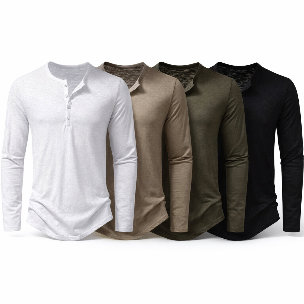 Herre Henley T-skjorte i Bomull – Langermet &amp; Pustende | Casual Basisgenser med Knapper Pakke