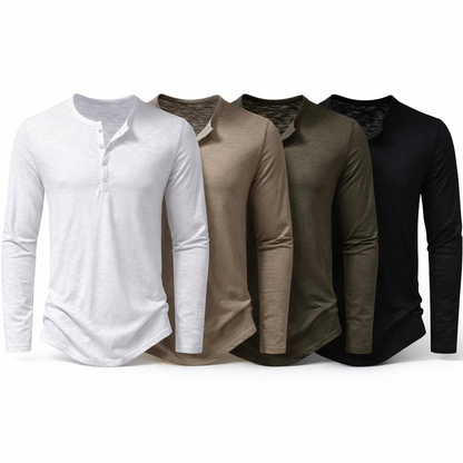 Herre Henley T-skjorte i Bomull – Langermet &amp; Pustende | Casual Basisgenser med Knapper Pakke