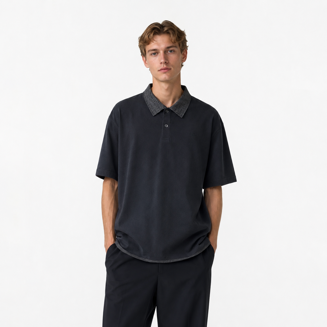 Retro Polo T-skjorte til Herre – Heavyweight Rutete Fake Two-Piece Design – Mørkeblå