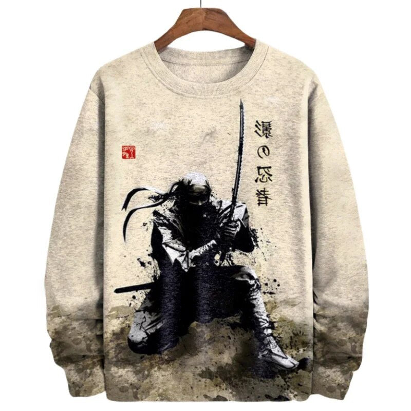 Vintage genser med samurai-trykk for herrer