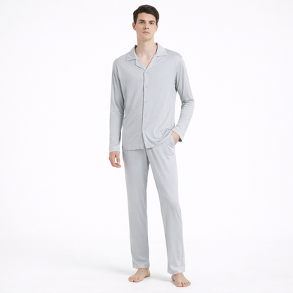 Luksus Silke Pysjsett for Menn – 25 % Silke, Strikket og Mykt Stoff | Komfortabelt Langermet Loungewear i Store Størrelser – Sølvgrå