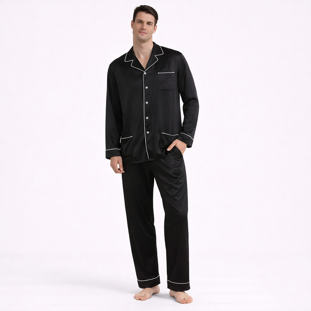 Eksklusivt Pysjsett for Menn i 100 % Ekte Silke – 25 Momme Sateng | Langermet Luksus Nattøy og Loungewear til Sommer og Høst