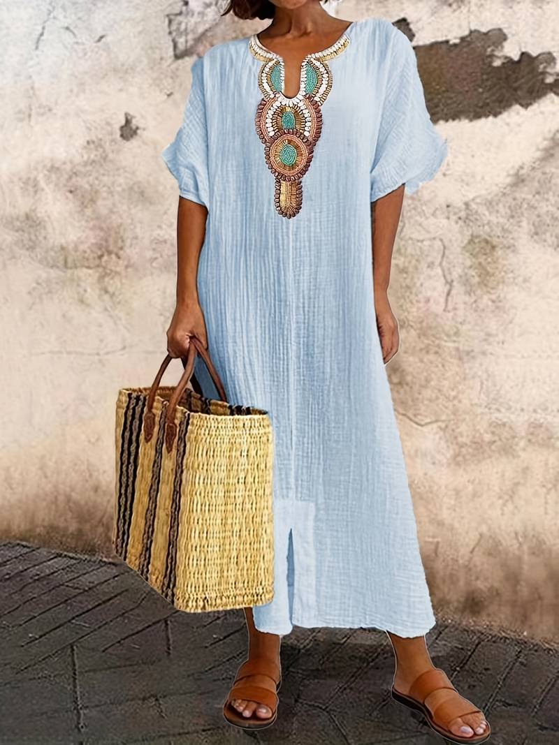Maxi split-kjole med boho-utringning