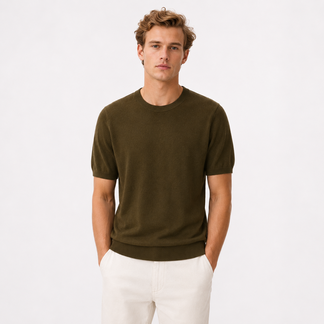 Strikket T-skjorte til Herre – Rund Hals i Ullblanding for Business Casual Stil