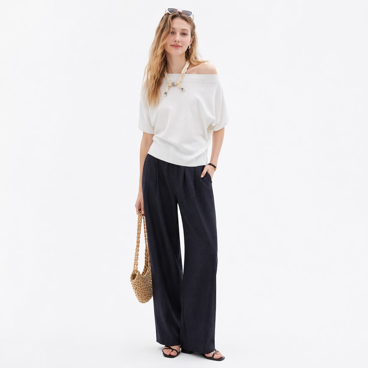 Off-Shoulder Topp til Dame – Blå Strikket &amp; Løs Sommerstil