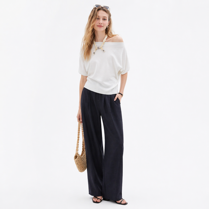 Off-Shoulder Topp til Dame – Blå Strikket &amp; Løs Sommerstil