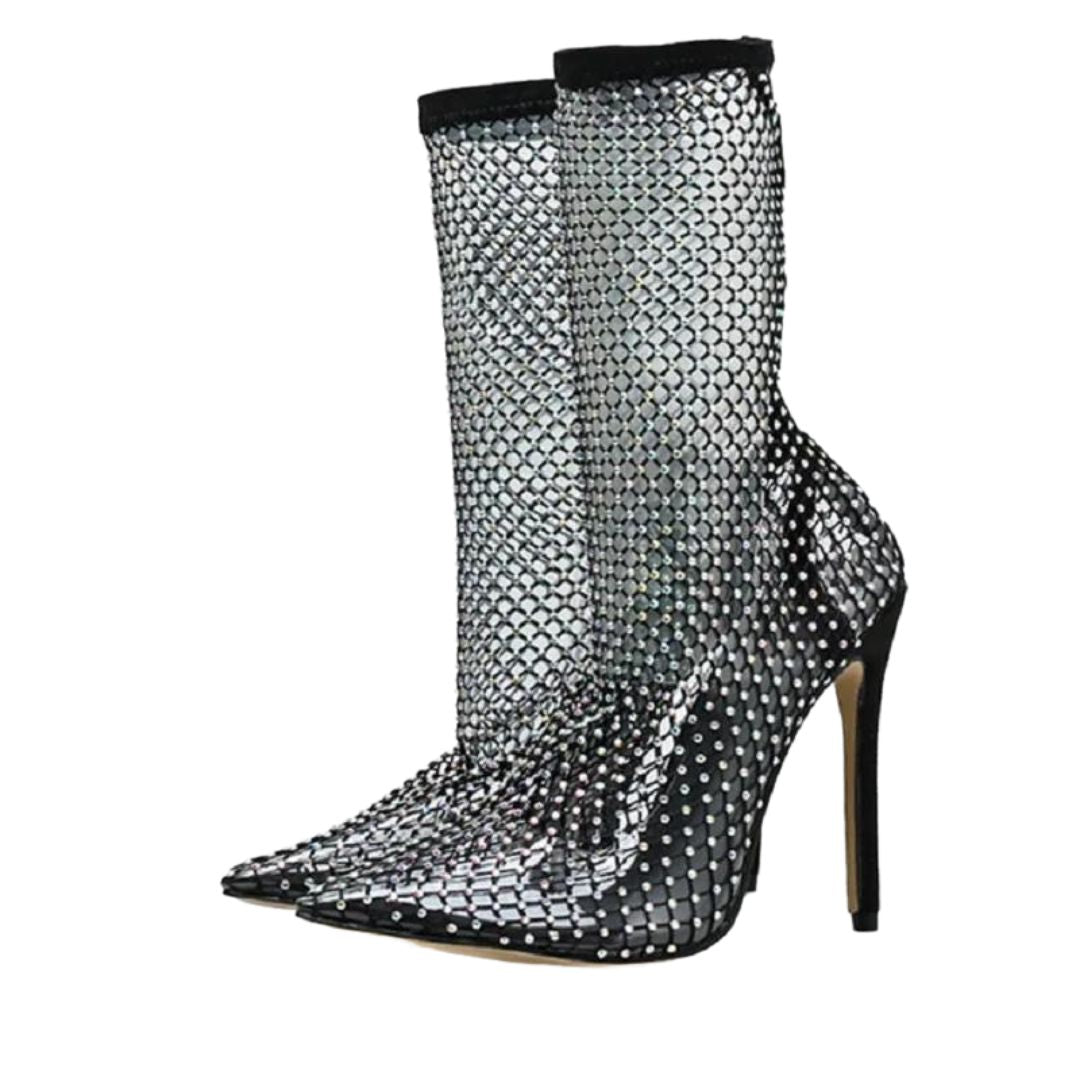 Ankelstøvler i netting med utsmykning av rhinestone