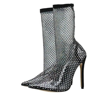 Ankelstøvler i netting med utsmykning av rhinestone