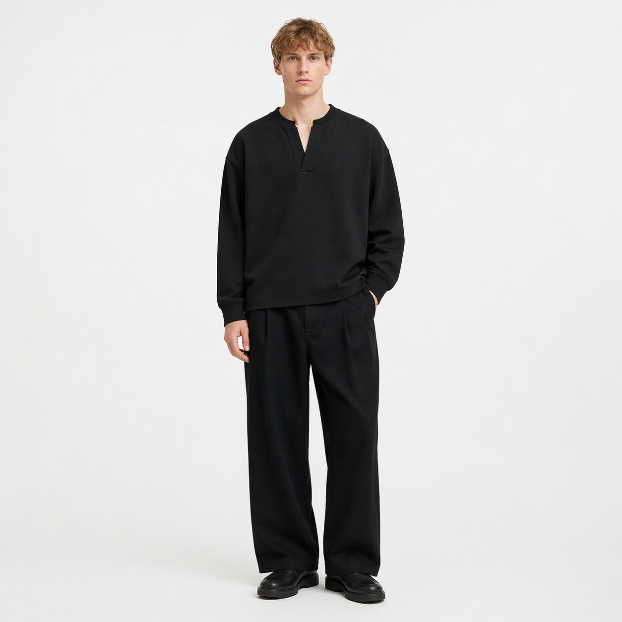 Langermet Henley T-skjorte til Herre – Fake Two-Piece &amp; Japansk Minimalistisk Stil – Kaffe