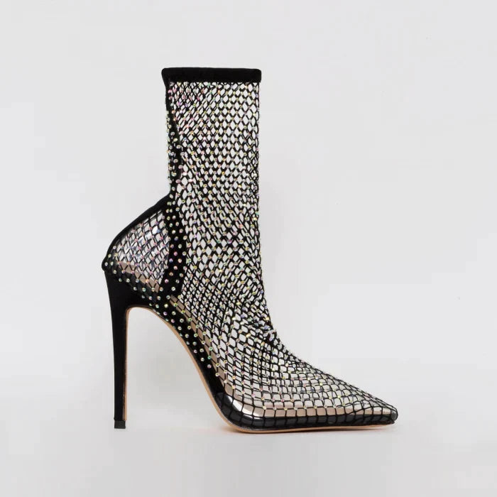 Ankelstøvler i netting med utsmykning av rhinestone