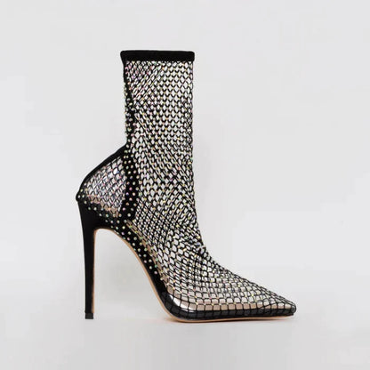 Ankelstøvler i netting med utsmykning av rhinestone