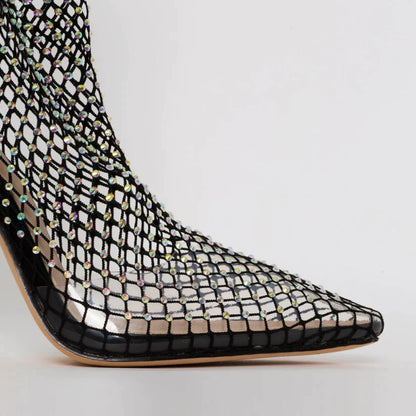 Ankelstøvler i netting med utsmykning av rhinestone