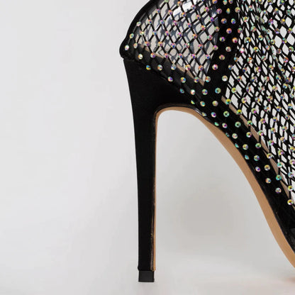 Ankelstøvler i netting med utsmykning av rhinestone