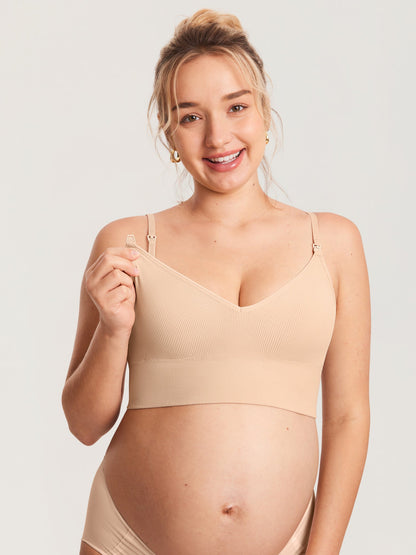 Ammebralette i ribbestrikk med V-hals – ammebh uten bøyle – Beige