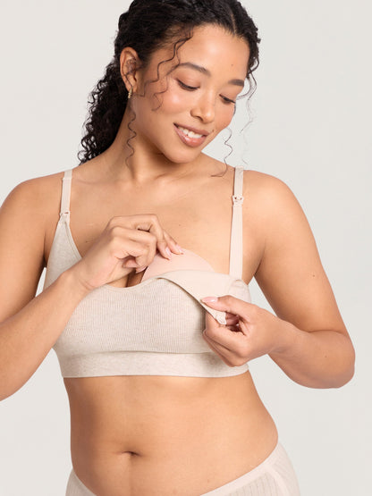 Ammebh i ribbet bomull – ammebralette uten bøyle med innlegg – Melert varm sand