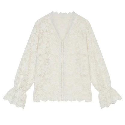 Hvit Blondeskjorte i Chiffon – Elegant Lag-på-Lag Bluse for Dame | Vinternyhet