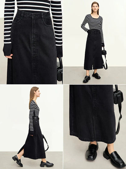 Minimalist 2023 Autumn New Black Denim Skjørt Retro Basics Casual Office Lady Female A-Line Ankle-lengde skjørt 12343167