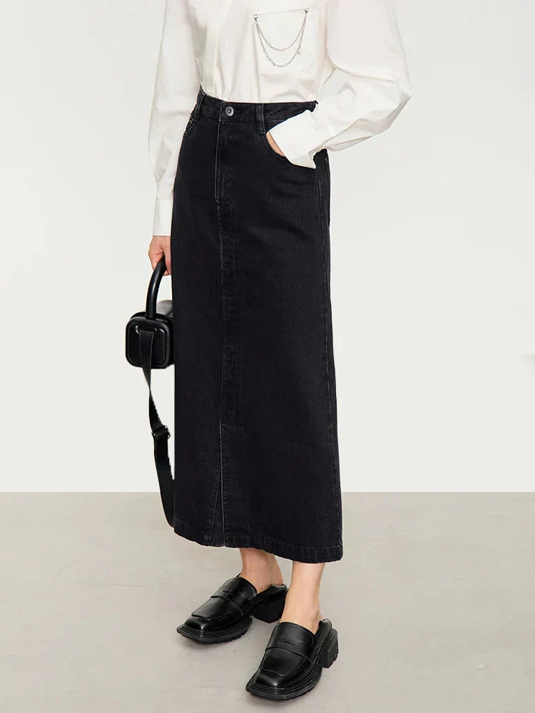 Minimalist 2023 Autumn New Black Denim Skjørt Retro Basics Casual Office Lady Female A-Line Ankle-lengde skjørt 12343167